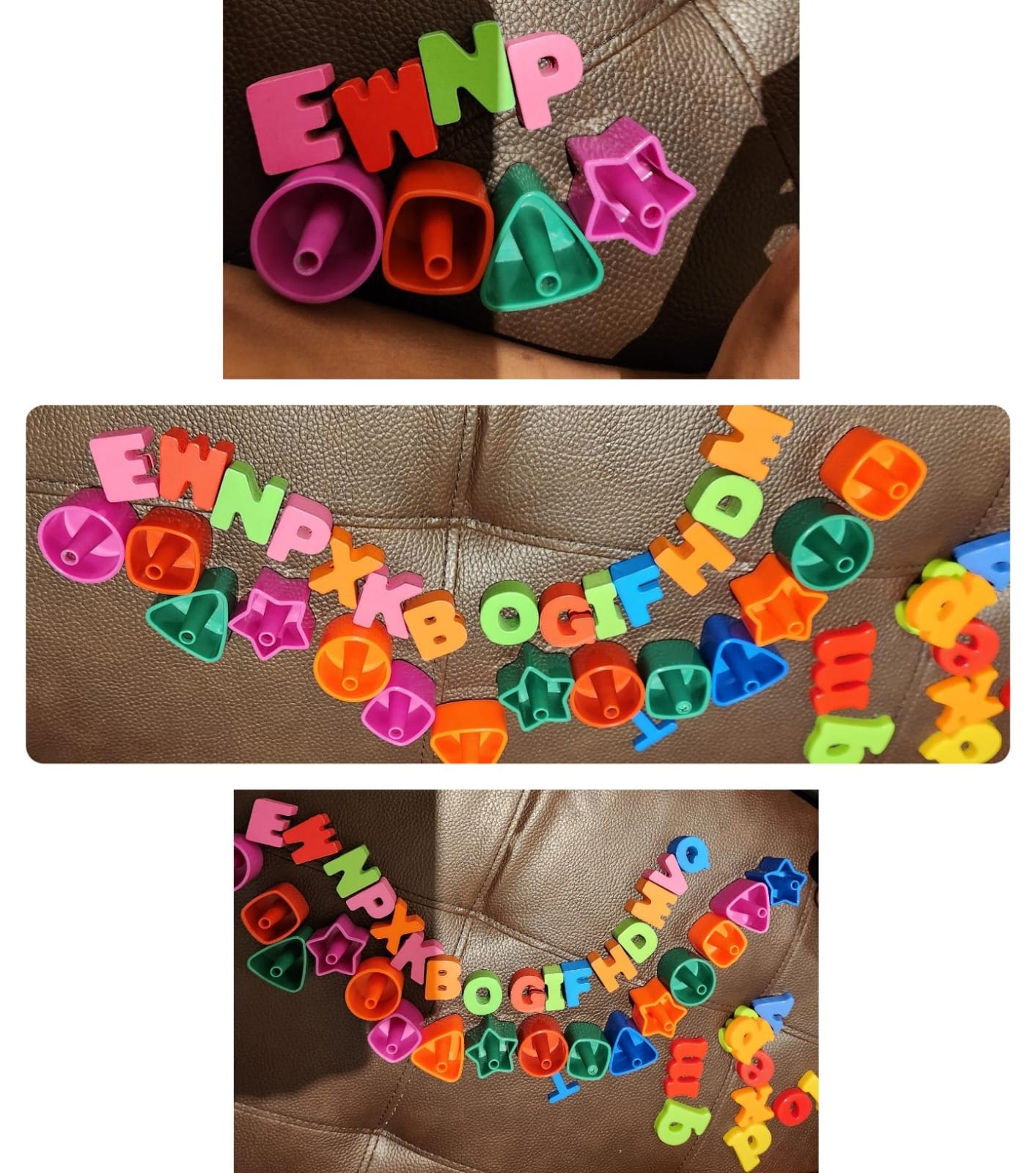 Arthur has used the same letter pattern but added pegs with similar colored shapes to it. Arthur has used the same letter pattern but added pegs with similar colored shapes to it.